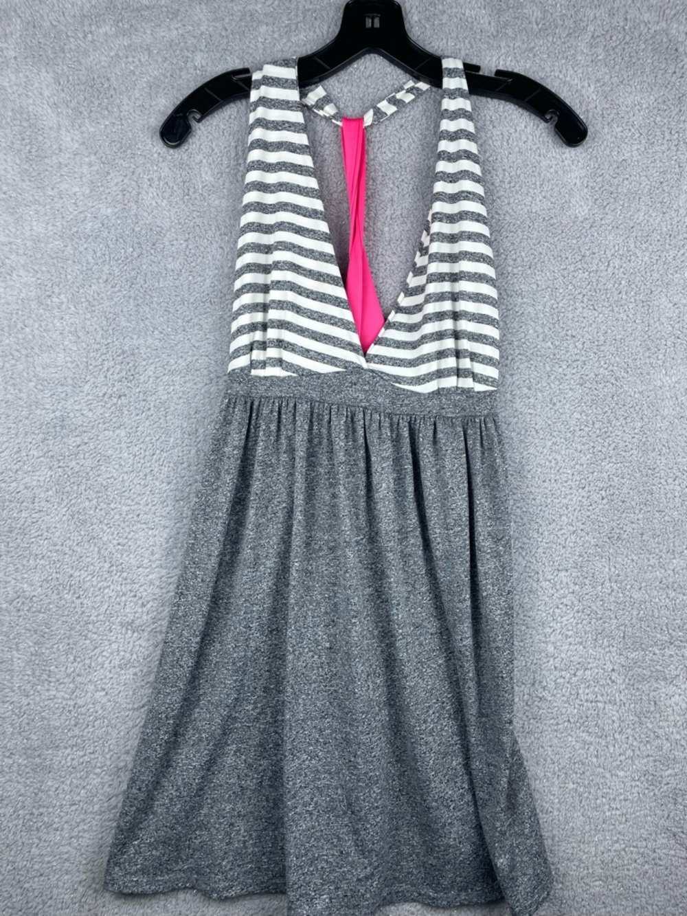 Striped Gray & White Sundress with Hot Pink Accent